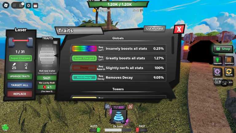 Tower Defense RNG Черты Список уровней и Руководство Reroll
